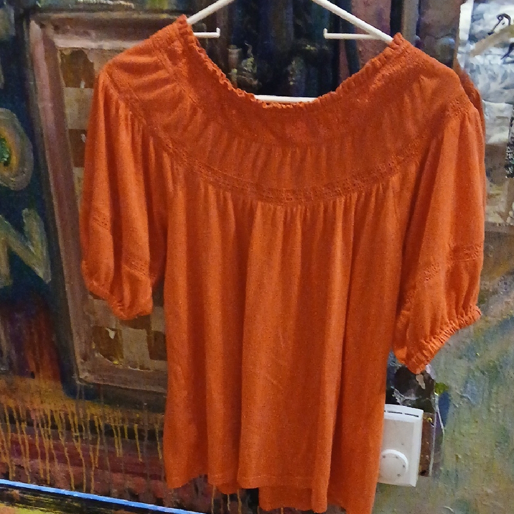LOFT Orange Ruffled Puff Sleeve Top